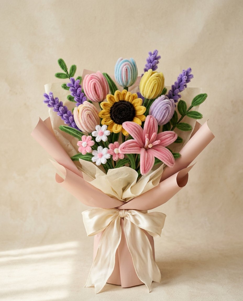 Buket bunga pipe cleaner handmade warna pastel